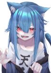  1girl animal_ear_fluff animal_ears blue_hair cat_ears cat_tail collarbone eyebrows_visible_through_hair fall_dommmmmer hair_between_eyes highres hinanawi_tenshi long_hair looking_at_viewer off-shoulder_shirt off_shoulder open_mouth red_eyes shirt simple_background solo tail teeth touhou white_background white_shirt 
