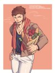  1boy absurdres alternate_costume alternate_hairstyle baguette black_tank_top blue_eyes bouquet bread brown_hair brown_jacket casual cigarette collarbone contemporary facial_hair fate/grand_order fate_(series) flower food goatee hand_on_hip highres jacket long_sideburns long_sleeves looking_at_viewer male_cleavage male_focus napoleon_bonaparte_(fate) open_clothes pants partially_unbuttoned pectorals red_scarf repost_notice scar scar_on_chest scarf short_hair sideburns simple_background smoking solo tank_top thighs toned toned_male white_pants yaosan233 