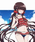  1girl bangs bare_arms bare_shoulders bikini blue_bikini blunt_bangs blush clouds collarbone cowboy_shot criis-chan dangan_ronpa_(series) dangan_ronpa_v3:_killing_harmony duplicate frills hair_ornament hairclip halterneck hands_up harukawa_maki holding holding_hair long_hair looking_at_viewer low_twintails messy_hair mole mole_under_eye navel open_mouth red_bikini red_eyes side-tie_bikini solo stomach swimsuit symbol_commentary thigh_gap twintails twitter_username v-shaped_eyebrows very_long_hair 