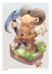  baphomet_(ragnarok_online) baphomet_jr border bush character_name chibi demon english_text flower furry goat grass green_flower grey_background hexagram holding holding_scythe isometric pink_flower purple_flower ragnarok_online rock scythe stats tennohi typo white_border 