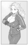  1girl bandaged_arm bandages breasts dorohedoro ear_clip earrings gloves hand_on_hip highres inconvenient_breasts jewelry large_breasts long_hair monochrome noi_(dorohedoro) partially_unzipped solo stud_earrings sweat track_suit urec zipper_pull_tab zipping 