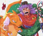 1boy alternate_costume arm_around_neck bottle charizard claws clenched_hand commentary_request confetti eye_contact facial_hair fingernails gen_1_pokemon gen_4_pokemon green_(grimy) green_eyes highres holding leon_(pokemon) long_hair long_sleeves looking_at_another male_focus one_eye_closed open_mouth pokemon pokemon_(creature) pokemon_(game) pokemon_swsh purple_hair racing_suit ribbon rotom rotom_phone smile striped striped_ribbon teeth tongue yellow_eyes 