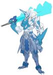  1boy absurdres armor blue_eyes catball1994 full_armor highres holding holding_sword holding_weapon horns kamen_rider kamen_rider_blades kamen_rider_saber_(series) knight open_hand over_shoulder redesign single_horn solo sword tokusatsu weapon weapon_over_shoulder white_background 