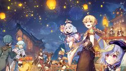  5boys 5girls beidou_(genshin_impact) blonde_hair blue_eyes blue_hair blush boots brat china_dress chinese_clothes chongyun_(genshin_impact) closed_eyes dress drinking fairy fireworks food genshin_impact guoba_(genshin_impact) hair_ornament halo hat highres holding holding_food jianghsi lantern lantern_festival looking_up multiple_boys multiple_girls night night_sky open_mouth orange_hair paimon_(genshin_impact) panda pants plate pointing qiqi_(genshin_impact) scarf shorts sky smile spikes sweatdrop tartaglia_(genshin_impact) thigh-highs thigh_boots twintails white_hair xiangling_(genshin_impact) xingqiu_(genshin_impact) xinyan_(genshin_impact) yellow_eyes zhongli_(genshin_impact) 