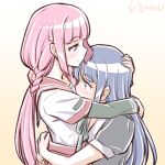  2girls blue_hair blush braid hand_on_another&#039;s_head hug long_hair low_ponytail magia_record:_mahou_shoujo_madoka_magica_gaiden mahou_shoujo_madoka_magica multiple_girls nanami_yachiyo pink_hair profile school_uniform serafuku smile studiozombie tamaki_iroha yuri 