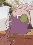  ^^^ blurry chatea commentary_request dark_skin gen_6_pokemon goomy greenhouse highres indoors korean_commentary motion_blur mouth_drool plant pokemon pokemon_(creature) poking potted_plant slime_(substance) surprised sweat waking_up 