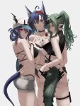  3girls absurdres ahoge animal_ears arknights ass back bare_arms bare_shoulders baseball_cap bikini black_bikini black_gloves blaze_(arknights) blue_eyes blue_hair breasts cat_ears ch&#039;en_(arknights) crocodilian_tail dragon_horns dragon_tail fingerless_gloves gavial_(arknights) gloves green_hair grey_shorts hair_between_eyes hair_rings hairband hat highleg highleg_bikini highres horns horns_through_headwear large_breasts long_hair looking_at_viewer multiple_girls navel nvl orange_eyes ponytail red_eyes short_shorts shorts simple_background skindentation smile stomach string_bikini swimsuit tail thigh_strap thighs under_boob wet white_background white_headwear 