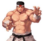 1boy abs biceps black_hair closed_eyes closed_mouth commentary_request cowboy_shot daimon_gorou evilgun facing_viewer fighting_stance fingernails hachimaki headband highres male_focus muscular muscular_male navel nipples pants pectorals serious shirtless short_hair sideburns simple_background solo standing the_king_of_fighters the_king_of_fighters_&#039;97 thick_eyebrows white_background white_pants 