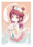  1girl :3 blush border brown_background brown_eyes brown_hair character_name chibi chinese_clothes chinese_zodiac closed_mouth commentary_request dated dress earrings flower full_body gem gradient gradient_background hair_flower hair_ornament hat jewelry long_hair looking_at_viewer nurse_cap poring ragnarok_online smile snake solo stats tennohi white_border white_dress white_flower white_lady_(ragnarok_online) white_snake wide_sleeves year_of_the_snake 