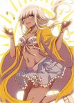  1girl :d bangs bikini blue_eyes blush bracelet breasts criis-chan dangan_ronpa_(series) dangan_ronpa_v3:_killing_harmony dark_skin dark-skinned_female floating_hair frilled_bikini frilled_skirt frills from_side hands_up jacket jewelry long_hair looking_at_viewer navel necklace open_clothes open_jacket open_mouth skirt smile solo swimsuit tumblr_username twintails upper_teeth yonaga_angie 