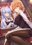  2girls black_legwear blue_eyes breasts collared_shirt flower gochuumon_wa_usagi_desu_ka? hair_between_eyes hair_flower hair_ornament hairclip highres hoto_cocoa indoors kafuu_chino ks_(xephyrks) large_breasts long_hair looking_at_viewer medium_hair multiple_girls neck_ribbon orange_hair pantyhose parted_lips ponytail ribbon shirt silver_hair sitting uniform vest violet_eyes white_shirt 