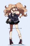  1girl alternate_costume bag bangs black_bag black_choker black_footwear blush casual choker collarbone commentary criis-chan dangan_ronpa:_trigger_happy_havoc dangan_ronpa_(series) duplicate enoshima_junko eyebrows_visible_through_hair full_body fur-trimmed_jacket fur_trim grey_background grin holding jacket long_hair looking_at_viewer loose_socks nail_polish pleated_skirt shoes simple_background skirt smile sneakers socks solo standing tumblr_username twintails white_footwear white_legwear 