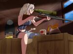  1girl animal_ear_fluff animal_ears breasts coffee coffee_mug coffee_pot cup from_side fur_trim grey_eyes grey_hair gun holding holding_gun holding_weapon hololive jacket jacket_removed lion_ears lion_girl lion_tail medium_breasts mug navel rifle shishiro_botan single_legging sitting skd sniper_rifle solo tail team_fortress_2 thigh_strap torn_clothes torn_legwear virtual_youtuber weapon 