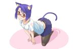  1girl animal_ears arm_support black_legwear blue_hair blue_skirt blush bra bra_through_clothes cat_ears cat_girl cat_tail character_request closed_mouth collarbone commentary_request eyebrows_visible_through_hair full_body glasses kneeling light_blush looking_at_viewer orange_eyes original pantyhose pleated_skirt red-framed_eyewear red_eyes semi-rimless_eyewear shimotsuki_iko shiny shiny_hair short_sleeves skirt smile solo tail under-rim_eyewear underwear white_background 