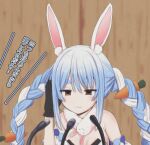  1girl :| absurdres animal_ear_fluff animal_ears bare_shoulders black_gloves blue_hair blurry blurry_background carrot_hair_ornament closed_mouth depth_of_field don-chan_(usada_pekora) food_themed_hair_ornament gloves hair_ornament hand_up highres hololive jitome mamerakkkkko microphone multicolored_hair rabbit_ears red_eyes scarf solo translation_request twintails two-tone_hair upper_body usada_pekora white_hair 