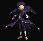  1boy absurdres bangs bishounen black_background black_bodysuit black_cape black_pants blonde_hair bodysuit brown_footwear cape closed_mouth collarbone commentary_request covered_navel evilgun floating_cape floating_hair full_body gloves hair_between_eyes hair_over_one_eye highres igniz_(kof) long_sleeves looking_at_viewer male_focus pants red_eyes shoes short_hair simple_background solo standing the_king_of_fighters toned toned_male white_gloves wind 