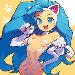  1girl animal_ears big_hair blue_eyes blue_hair cat_ears cat_girl cat_tail choker claws fang felicia_(vampire) fur long_hair metata navel paw_pose paw_print revealing_clothes simple_background slit_pupils smile solo tail vampire_(game) very_long_hair white_fur yellow_background 