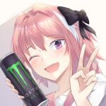  1boy astolfo_(fate) astolfo_monster_cosplay_(meme) black_bow blush bow braid braided_ponytail can energy_drink eyebrows_visible_through_hair fang fate/apocrypha fate/grand_order fate_(series) highres holding holding_can irkawaza monster_energy multicolored_hair one_eye_closed open_mouth otoko_no_ko pink_hair pink_sailor_collar sailor_collar school_uniform serafuku skin_fang smile streaked_hair v white_hair 