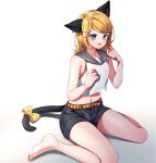  1girl :p absurdres animal_ear_fluff animal_ears bangs bare_shoulders barefoot black_sailor_collar black_shorts blonde_hair blue_eyes blush bow breasts cat_ears cat_tail collarbone commentary crop_top full_body hair_ornament hairclip highres inu8neko kagamine_rin kemonomimi_mode looking_at_viewer midriff navel paw_pose sailor_collar shirt short_hair short_shorts shorts sidelocks simple_background sitting sleeveless sleeveless_shirt small_breasts solo swept_bangs tail tail_bow tail_ornament tongue tongue_out vocaloid wariza white_background white_shirt yellow_belt 