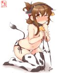  1girl alternate_costume animal_ears animal_print artist_logo bikini bikini_top_removed blush brown_eyes brown_hair commentary_request cow_ears cow_horns cow_print cow_tail dated ear_tag fake_animal_ears fake_horns flat_chest folded_ponytail highres holding holding_clothes horns inazuma_(kancolle) kanon_(kurogane_knights) kantai_collection long_hair nose_blush one_eye_closed side-tie_bikini simple_background solo swimsuit tail thigh-highs topless trembling white_background white_bikini white_legwear 