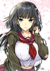  1girl black_hair blue_eyes brown_jacket cherry_blossoms closed_mouth dated highres hood hood_down hooded_jacket jacket kojima_saya long_hair looking_at_viewer necktie open_clothes open_jacket original pink_sailor_collar pink_skirt pleated_skirt red_neckwear sailor_collar short_necktie signature skirt smile solo 