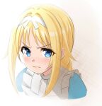  1girl alice_zuberg blonde_hair blue_eyes closed_mouth cropped_torso frown hair_intakes hairband long_hair nyanmaru portrait shiny shiny_hair solo sweatdrop sword_art_online v-shaped_eyebrows white_hairband 