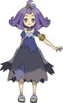  1girl :3 acerola_(pokemon) arm_behind_back armlet bangs closed_mouth collarbone dress elite_four eyelashes full_body grey_eyes hair_ornament highres looking_at_viewer medium_hair multicolored multicolored_clothes multicolored_dress official_art pokemon pokemon_(game) pokemon_sm purple_hair sandals short_sleeves smile solo standing stitches sugimori_ken toes topknot transparent_background 