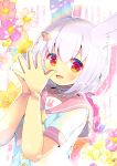  1girl :d animal_ear_fluff animal_ears bangs blush character_request choker collarbone commentary_request eyebrows_visible_through_hair floral_background flower hair_between_eyes hair_ornament hairclip hands_up indie_virtual_youtuber kouu_hiyoyo looking_at_viewer open_mouth pink_choker pink_flower pink_sailor_collar purple_flower purple_hair rabbit_ears red_eyes sailor_collar shirt short_sleeves silver_hair smile solo star_(symbol) star_hair_ornament steepled_fingers striped striped_background vertical_stripes virtual_youtuber white_flower white_shirt yellow_flower yellow_neckwear 