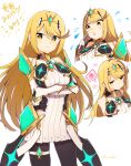  1girl absurdres bafarin bangs bare_shoulders blonde_hair breasts chest_jewel dress earrings elbow_gloves gloves highres jewelry large_breasts long_hair mythra_(xenoblade) short_dress super_smash_bros. swept_bangs thigh_strap tiara very_long_hair white_dress white_gloves xenoblade_chronicles_(series) xenoblade_chronicles_2 yellow_eyes 