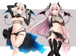  2girls bangs bare_shoulders black_legwear black_ribbon black_shirt black_shorts black_skirt blush boots breasts chain character_request choker closed_mouth collar copyright_request demon_girl demon_horns demon_tail detached_sleeves eyebrows_visible_through_hair hair_ribbon highres horns large_breasts lips long_hair long_sleeves looking_at_viewer medium_hair miniskirt multiple_girls navel parted_lips pleated_skirt red_eyes ribbon shirt short_shorts shorts sideboob skirt tail thigh-highs thigh_boots thigh_strap touwa_iyo under_boob virtual_youtuber wings 