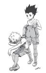  2014 2boys closed_eyes gon_freecss greyscale hunter_x_hunter invisible_chair jacket killua_zoldyck male_focus monochrome multiple_boys shoes shorts shougin signature sitting sleeping smile sneakers spiky_hair tank_top 