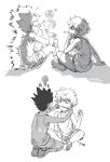 2boys :3 bubble bubble_blowing cheek_pull gon_freecss greyscale head_rest hunter_x_hunter indian_style killua_zoldyck male_focus monochrome multiple_boys o_o seiza shoes shorts shougin signature sitting sneakers squiggle surprised tank_top 