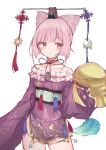  1girl atelier_(series) atelier_sophie bare_shoulders chinese_knot collarbone cornelia_(atelier) cowboy_shot crescent dalachi_(headdress) double_bun dress frills hair_cones kemololi looking_at_viewer pink_eyes pink_hair purple_dress short_dress short_hair simple_background sleeves_past_wrists solo standing tassel white_background 