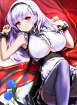 1girl anchor_necklace apron azur_lane black_hairband black_skirt blue_flower blue_rose breasts center_frills clothing_cutout dido_(azur_lane) earrings eyebrows_visible_through_hair flower frilled_shirt frilled_skirt frills hairband heart heart_earrings highres jewelry large_breasts long_hair looking_at_viewer looking_up lying maid on_back rose shirt skirt sleeveless sleeveless_shirt solo tile_floor tiles tokisaka_ena under_boob underboob_cutout violet_eyes waist_apron white_apron white_hair 