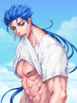  1boy abs alternate_costume ax_over_99 beads blue_hair blue_sky cu_chulainn_(fate)_(all) earrings fang fate/stay_night fate_(series) floating_hair hair_beads hair_ornament highres jewelry lancer long_hair looking_down looking_to_the_side male_focus muscular muscular_male nipples pectorals ponytail red_eyes shirt shirt_in_mouth shirt_lift short_sleeves sky solo spiky_hair t-shirt twitter_username 