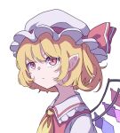  1girl absurdres ascot bangs blonde_hair closed_mouth eyebrows_behind_hair flandre_scarlet hat hat_ribbon highres kame_(kamepan44231) looking_at_viewer mob_cap pointy_ears red_eyes red_ribbon ribbon short_hair short_sleeves side_ponytail simple_background solo touhou upper_body white_background white_headwear yellow_neckwear 