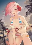  blush fate/grand_order fate_(series) flower highres holding_hands jewelry looking_at_viewer mash_kyrielight nail_polish pacoske palm_tree pink_hair pov pov_hands swimsuit swimwear tree violet_eyes 