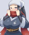  1girl alternate_breast_size artsheops black_hair blush breasts eyelashes female_protagonist_(pokemon_legends:_arceus) grey_background head_scarf heart highres japanese_clothes kimono large_breasts light_blush looking_at_viewer pokemon pokemon_(game) pokemon_legends:_arceus red_scarf scarf scarf_over_mouth solo upper_body violet_eyes 