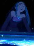 1girl all_fours bare_shoulders crying crying_with_eyes_open dark_skin dark-skinned_female flat_chest glowing_liquid jewelry lips long_hair moana_(movie) moana_waialiki necklace night open_mouth orz pano_(mohayayamai) pendant sky solo star_(sky) starry_sky strapless tears thick_eyebrows tubetop upper_teeth water wavy_hair 