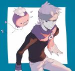  1boy brown_sweater closed_mouth drifloon gen_4_pokemon grey_hair grey_pants gym_leader headband light_smile long_sleeves male_focus medium_hair morty_(pokemon) p-40_(tukinosita-de) pants pokemon pokemon_(creature) pokemon_(game) pokemon_hgss purple_scarf scarf solo sweater 