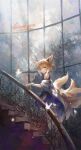  1girl absurdres animal_ear_fluff animal_ears aqua_hairband arknights blonde_hair blue_hairband bug butterfly daylightallure fox_ears fox_girl fox_tail grey_hairband hair_ears hair_rings hairband highres insect kitsune kyuubi looking_at_viewer mongoose_ears multiple_tails stairs stone_stairs suzuran_(arknights) tail 