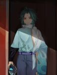  1boy absurdres alternate_costume bangs belt brown_eyes expressionless genshin_impact green_hair grey_pants highres holding holding_mask looking_at_viewer male_focus mask pants parted_bangs purple_belt scarf shadow solo white_scarf xiao_(genshin_impact) zhelizhiyouhongcha 