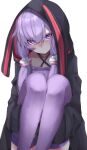  1girl absurdres closed_mouth expressionless fall_dommmmmer feet_out_of_frame highres knees_up long_hair looking_at_viewer low_twintails purple_hair purple_legwear simple_background sitting solo thigh-highs twintails violet_eyes voiceroid white_background yuzuki_yukari 