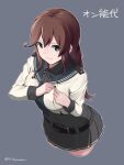  1girl absurdres bangs befu belt blush breasts brown_hair closed_mouth commentary_request eyebrows_visible_through_hair from_above green_eyes hair_between_eyes highres kantai_collection large_breasts long_hair long_sleeves looking_at_viewer necktie noshiro_(kancolle) pleated_skirt remodel_(kantai_collection) sailor_collar school_uniform serafuku simple_background skirt smile solo twitter_username 