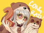  1girl animal_costume bangs bow buttons congratulations eyebrows_visible_through_hair green_eyes grey_hair grin highres holding miyu_ottavia multicolored_hair nijisanji nijisanji_id otter otter_costume otter_girl potatomato redhead round_eyewear simple_background smile streaked_hair two-tone_hair yellow_background 