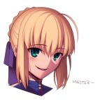  1girl ahoge artoria_pendragon_(all) blonde_hair boa_(brianoa) commentary fate/stay_night fate_(series) green_eyes hair_ribbon looking_at_viewer open_mouth ribbon saber short_hair smile solo transparent_background 