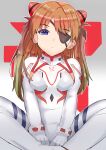  1girl :&lt; absurdres ayatsuki_(luna0707) blue_eyes breasts brown_hair evangelion:_3.0+1.0_thrice_upon_a_time eyepatch highres indian_style interlocked_fingers long_hair looking_at_viewer neon_genesis_evangelion plugsuit rebuild_of_evangelion shikinami_asuka_langley sitting small_breasts solo souryuu_asuka_langley 