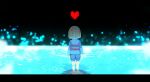  1other androgynous blue_shirt blue_shorts facing_away frisk_(undertale) from_behind heart highres horizon letterboxed light_brown_hair long_sleeves ocean okota_mikan shallow_water shirt short_hair short_shorts shorts solo undertale water 