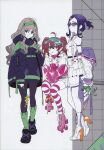 3girls :o absurdres ahoge alternate_costume bangs black_footwear black_legwear blonde_hair blue_eyes boots breasts brown_hair closed_mouth collar contemporary darling_in_the_franxx flower from_side full_body glasses green_eyes green_hairband green_legwear hair_between_eyes hair_ornament hairband hand_on_another&#039;s_shoulder high_heel_boots high_heels highres holding holding_flower hood hood_down hooded_jacket ikuno_(darling_in_the_franxx) jacket kneehighs kokoro_(darling_in_the_franxx) long_hair looking_at_viewer miku_(darling_in_the_franxx) multiple_girls off_shoulder open_mouth pantyhose pink_footwear pink_jacket purple_hair purple_jacket roller_skates see-through_sleeves shoelaces shoes short_sleeves sidelocks simple_background sitting skates skirt smile sneakers standing striped striped_legwear sunglasses thigh-highs twintails two-tone_jacket violet_eyes wavy_hair white_jacket white_skirt yoneyama_mai zettai_ryouiki 