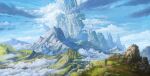  anoc backpack bag city clouds fantasy grass highres landscape mountain original outdoors path rock ruins scenery sky tree walking_stick 